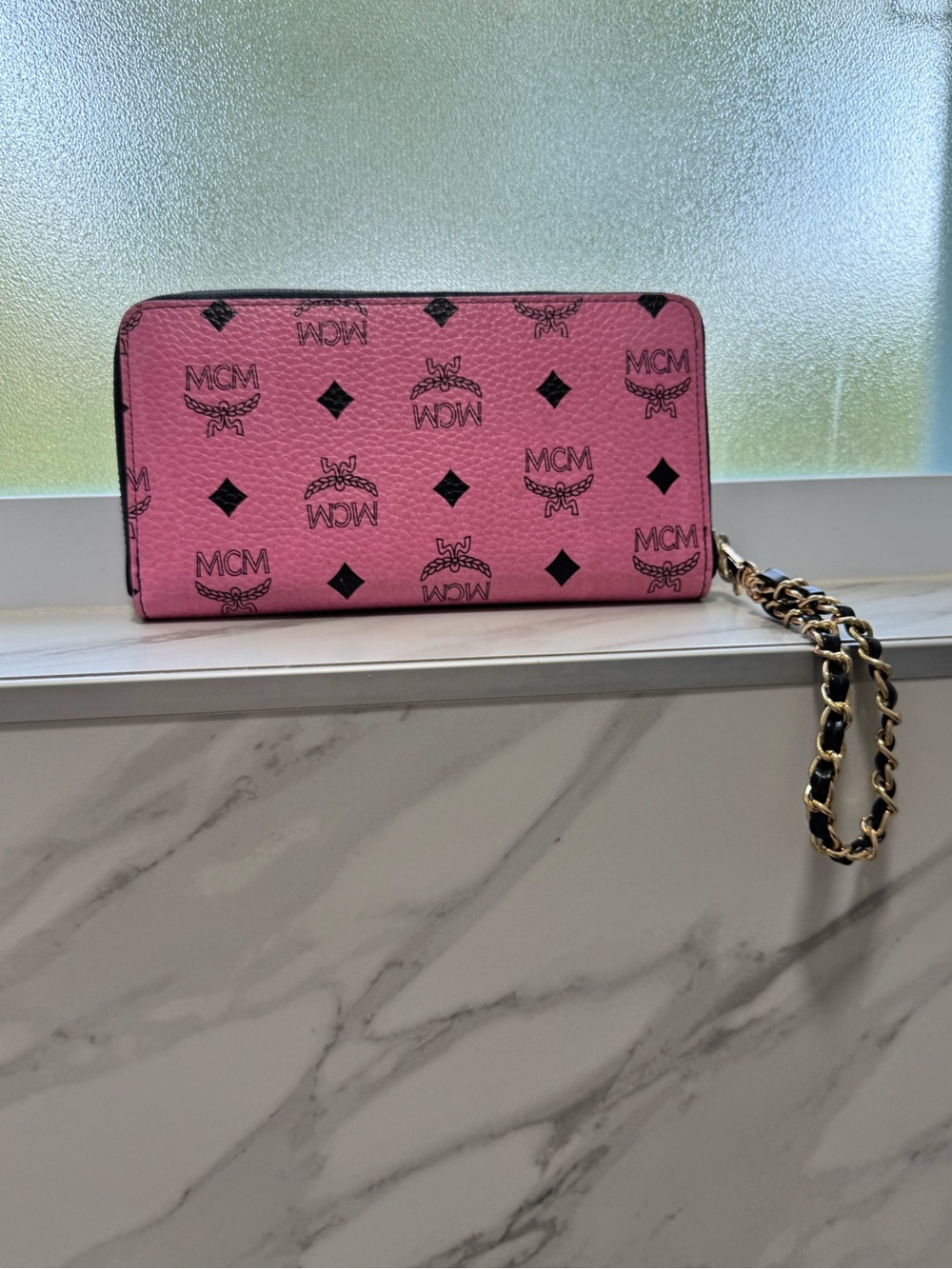 MCM Pink Logo Zip-Around Wallet Wristlet with Chain Strap - Picture 2 of 12